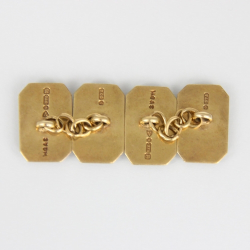 296 - A pair of early 20th century 9ct cufflinks, the rectangular cufflinks with initial and engraved deta... 