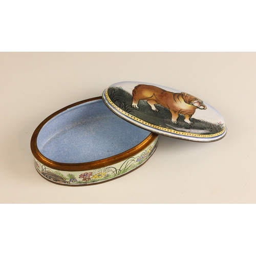 368 - An enamel oval trinket box and cover, late 20th century, the cover decorated with a bulldog, 11.5cm ... 