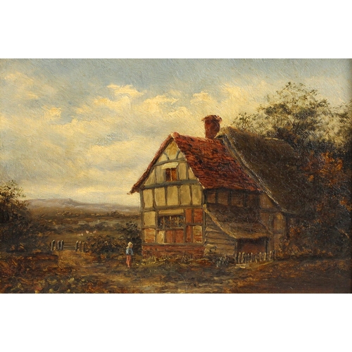 403 - F.E. Hill (British, late 19th century),  
‘Near Worcester’, a farmhouse with figure,  
Oil on canvas... 