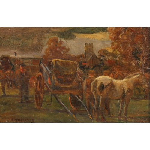 408 - Geoffrey Mortimer (British,1895-1986),  
Pony unhitched from a traveller’s cart,  
Oil on board,  
S... 