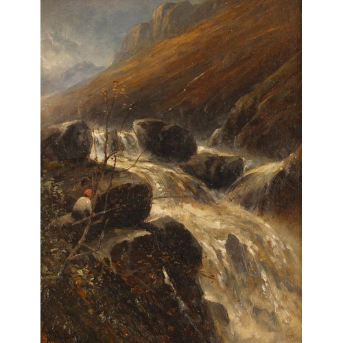 409 - Henry Martin Pope (1843-1908),  
Figure fishing in a waterfall,  
Oil on canvas,  
Signed lower left... 