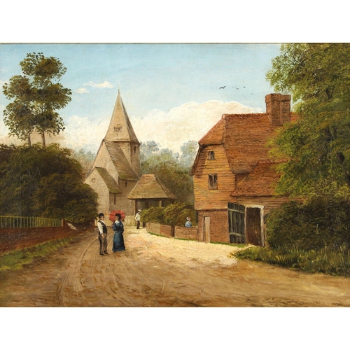 414 - English school (19th century),  
A naïve village street scene with figures conversing,  
Oil on canv... 