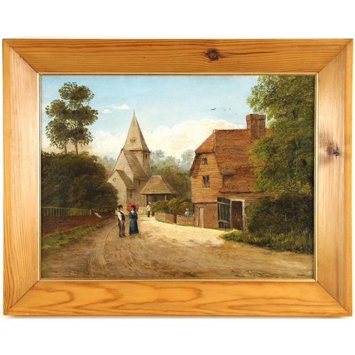 414 - English school (19th century),  
A naïve village street scene with figures conversing,  
Oil on canv... 