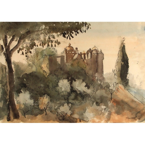 443 - David Ponsonby (British, 1901-1986),  
A continental hilltop castle,  
Watercolour on paper,  
Signe... 