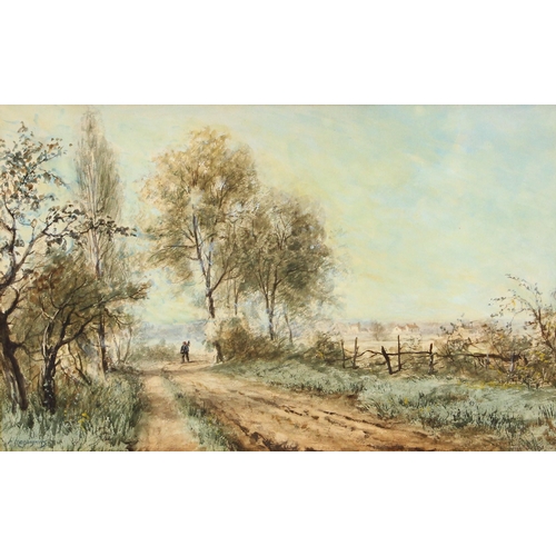 444 - Henri-Joseph Harpignies (French, 1819-1916),  
A figure on a country lane,  
Watercolour on paper,  ... 