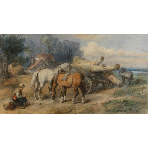 445 - Harden Sidney Melville (British, 1824-1894),  
Resting horses with log cart,  
Watercolour on paper,... 