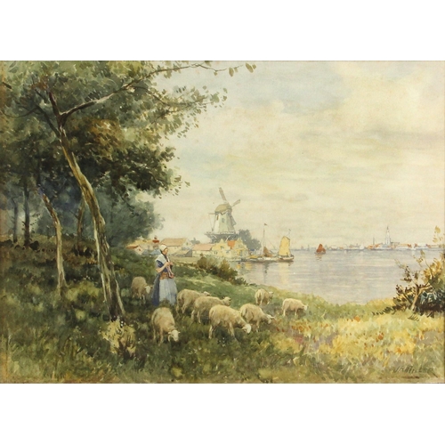 447 - J. R. Miller (British, 19th century),  
‘On The Zuider Zee’, a shepherdess and sheep on a river bank... 