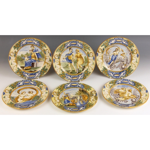 564 - Six Italian maiolica Urbino style 'Istoriato' side plates, 19th Century, each polychrome painted wit... 