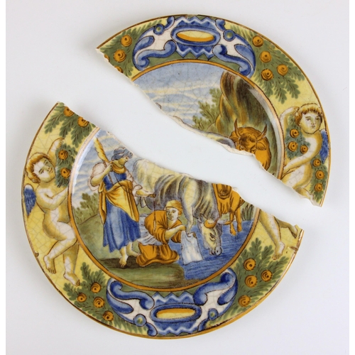 564 - Six Italian maiolica Urbino style 'Istoriato' side plates, 19th Century, each polychrome painted wit... 