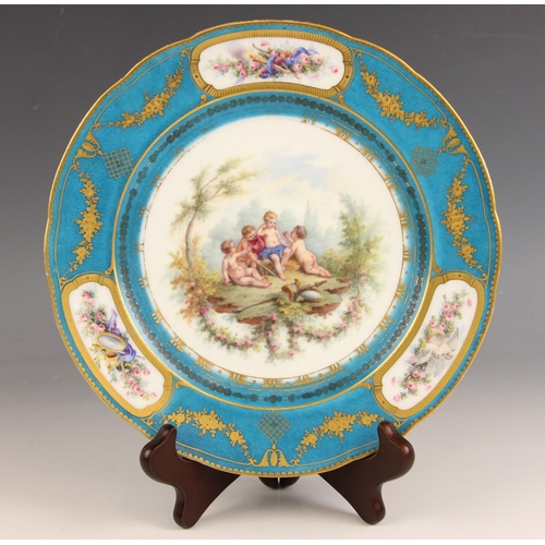 585 - A porcelain cabinet plate in the manner of Sevres, 19th century, the well enamelled with putti playi... 