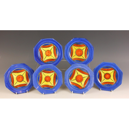 597 - Six early Clarice Cliff Original Bizarre octagonal side plates, probably circa 1925, each hand-paint... 