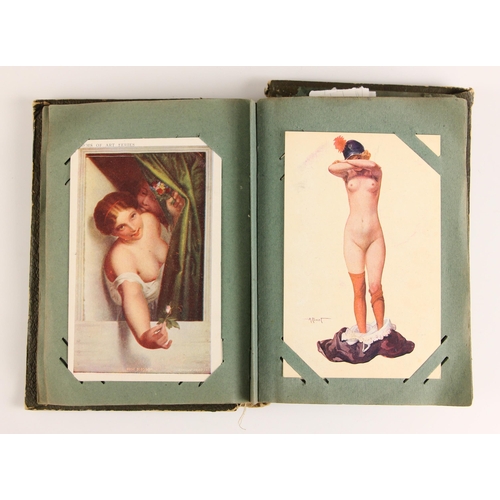 741 - A postcard album containing approximately ninety artistic and erotic postcards, to include examples ... 