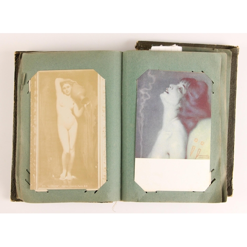 741 - A postcard album containing approximately ninety artistic and erotic postcards, to include examples ... 