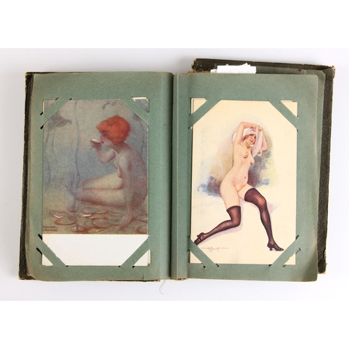 741 - A postcard album containing approximately ninety artistic and erotic postcards, to include examples ... 