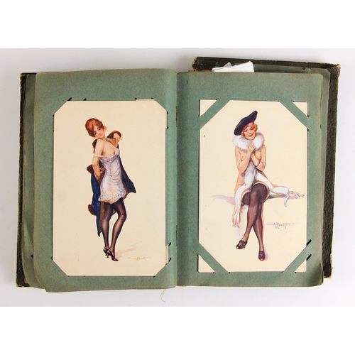 741 - A postcard album containing approximately ninety artistic and erotic postcards, to include examples ... 