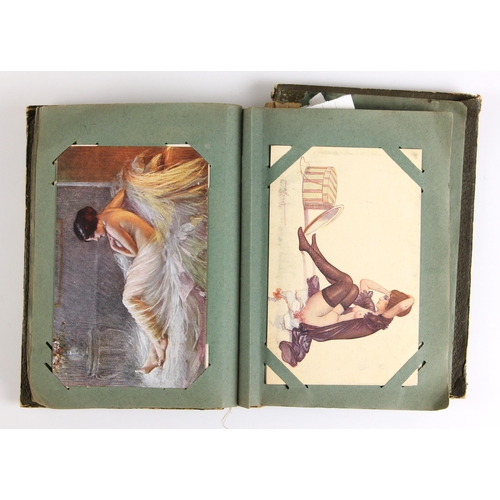 741 - A postcard album containing approximately ninety artistic and erotic postcards, to include examples ... 