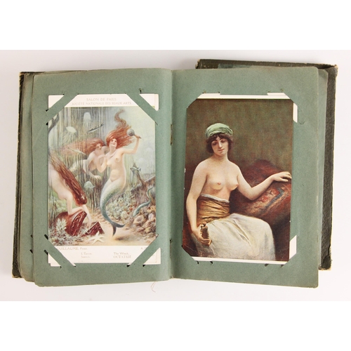 741 - A postcard album containing approximately ninety artistic and erotic postcards, to include examples ... 