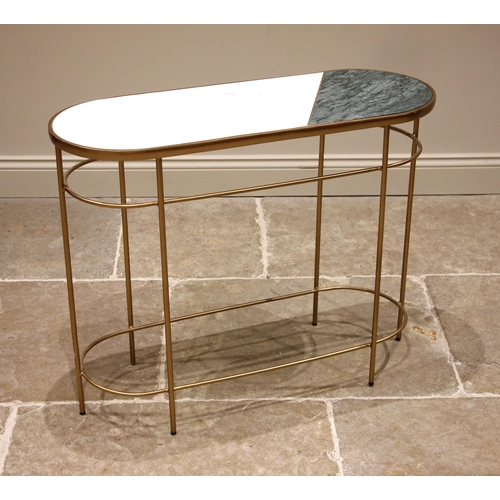 1025 - A contemporary gilt metal and marble hall table, the oval bi-coloured marble top, upon a gilt metal ... 