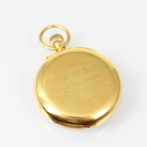 146 - An early 20th century 18ct yellow gold open faced pocket watch, the white enamel circular dial with ... 