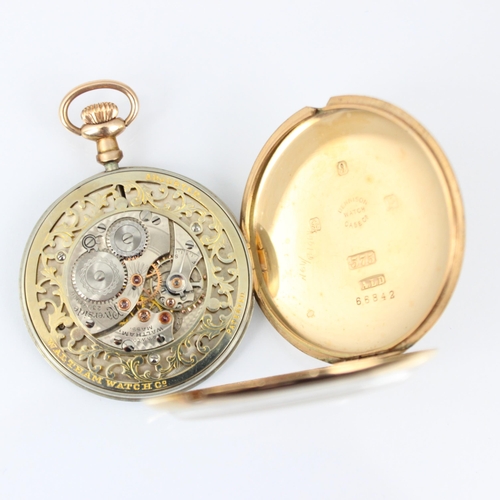 147 - An early 20th century Waltham 'Riverside' 9ct pocket watch, the circular white enamel dial with Arab... 