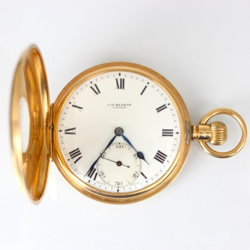 154 - An early 20th century 9ct ‘JW Benson’ half hunter pocket watch, the circular white enamel dial with ... 