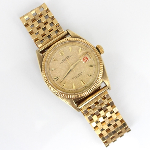 157 - A mid 20th century 9ct Rolex Oyster Perpetual Datejust 'Red' wristwatch, ref: 6305, the circular pat... 