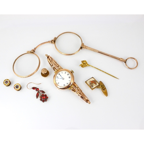 251 - A selection of gold coloured and yellow metal items, including a pair of gold coloured lorgnettes, e... 