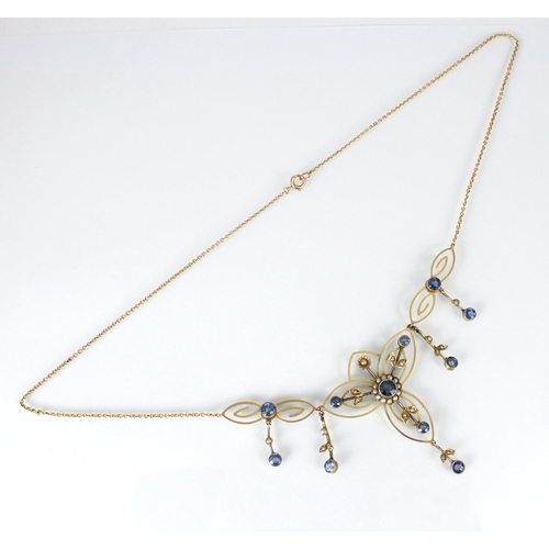 276 - An early 20th century untested sapphire and seed pearl necklace, the central flower head motif set w... 