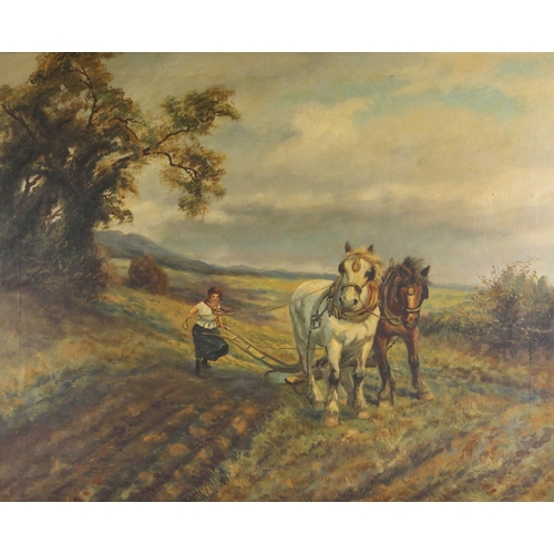 422 - English school (19th century),  
A young girl ploughing with a pair of horses,  
Oil on canvas,  
Un... 