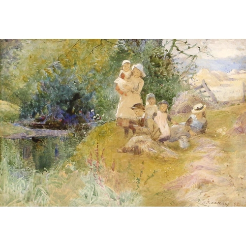 458 - Thomas MacKay (British, 1851-1920),  
Children gathered on a riverbank,  
Watercolour on paper,  
Si... 