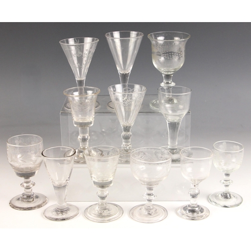 533 - Twelve English short stem wine, ale and cordial glasses, to include a bucket bowl example, the bowl ... 