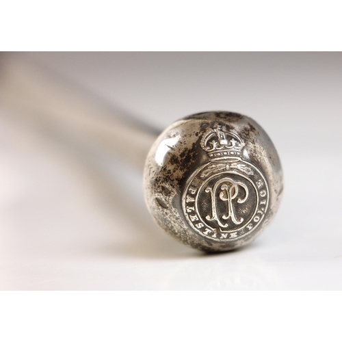 727 - A silver topped Palestine Police swagger stick, early 20th century, the spherical top set with the p... 