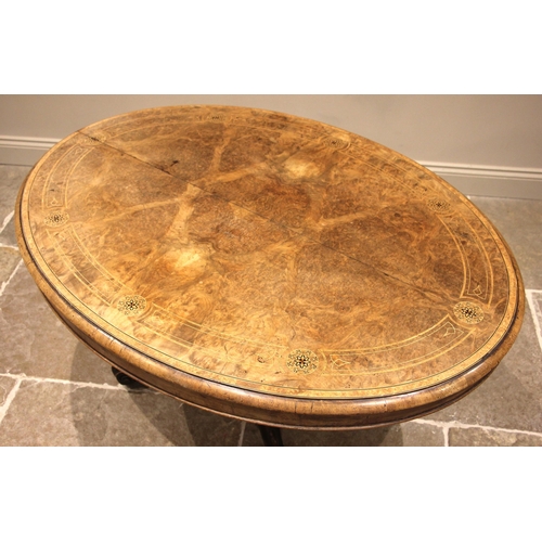 936 - A Victorian burr walnut centre/loo table, the quarter veneered oval top inlaid with roundels and str... 