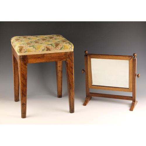 954 - A 19th century upholstered ash stool, the square seat finished in geometric foliate fabric, upon tap... 