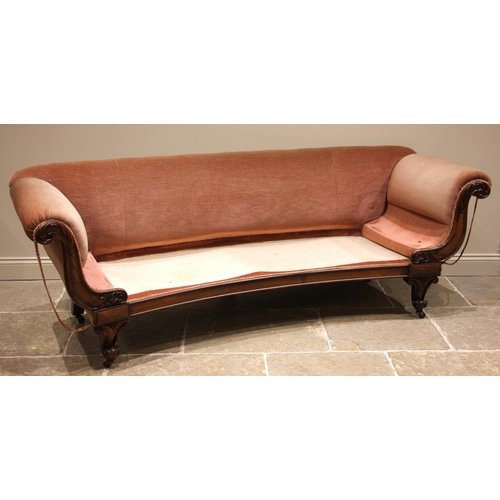 971 - A William IV rosewood framed sofa, of crescent form, the padded scrolled arms enclosing the concave ... 