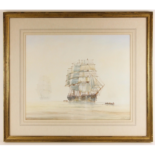 456 - D. Bell (British, 20th century),  
A tall ship at sea,  
Watercolour on paper,  
Signed lower left, ... 