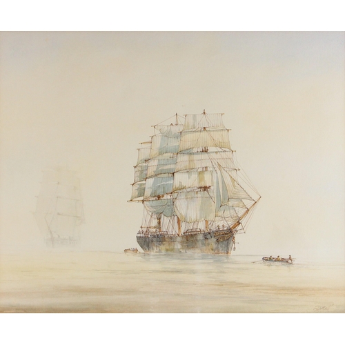 456 - D. Bell (British, 20th century),  
A tall ship at sea,  
Watercolour on paper,  
Signed lower left, ... 