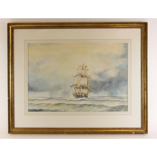 456 - D. Bell (British, 20th century),  
A tall ship at sea,  
Watercolour on paper,  
Signed lower left, ... 