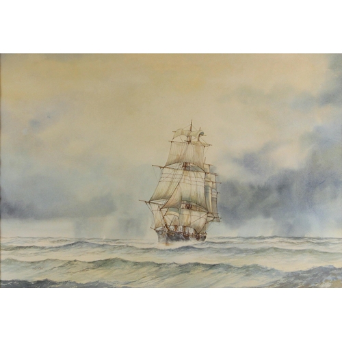 456 - D. Bell (British, 20th century),  
A tall ship at sea,  
Watercolour on paper,  
Signed lower left, ... 