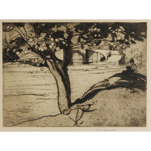 472 - Sir Frank Brangwyn RA RSW RBA (British, 1867-1956),  
A river bank in Paris,  
Etching on paper,  
S... 