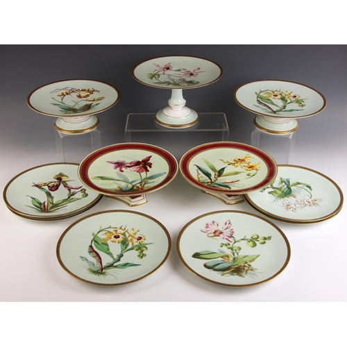 595 - Thomas Moorcroft for E.J.D. Bodley, six porcelain cabinet plates each painted with an orchid against... 