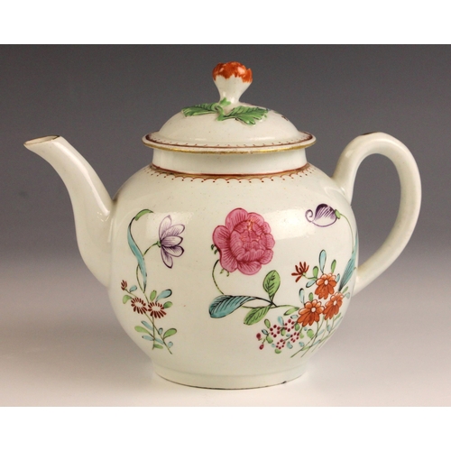 599 - A Worcester porcelain teapot and cover, circa 1780, of globular form and polychrome painted with flo... 