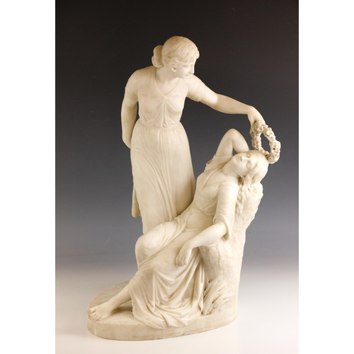 518 - George Frederick Halse (1826-1895),  A large marble figural group, modelled as a reclining maiden ha... 