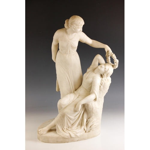 518 - George Frederick Halse (1826-1895),  A large marble figural group, modelled as a reclining maiden ha... 