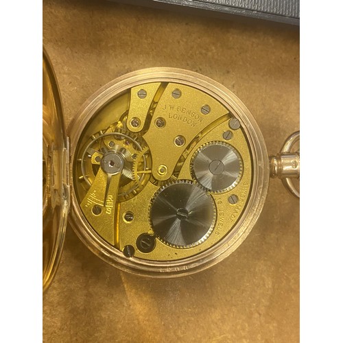 154 - An early 20th century 9ct ‘JW Benson’ half hunter pocket watch, the circular white enamel dial with ... 