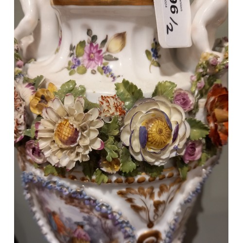 596 - A pair of continental porcelain vases in the manner of Meissen, 19th century, each of urn form, the ... 