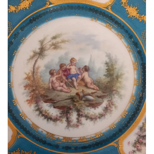 585 - A porcelain cabinet plate in the manner of Sevres, 19th century, the well enamelled with putti playi... 