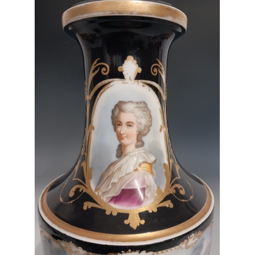 542 - A porcelain vase, late 19th century, the black glazed vase of urn form, painted with a portrait of a... 