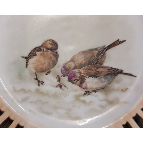 550 - Four cabinet plates, early 20th century, the wells painted over glaze with bird studies by Kate Edmu... 