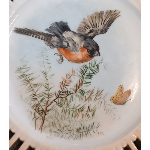 550 - Four cabinet plates, early 20th century, the wells painted over glaze with bird studies by Kate Edmu... 